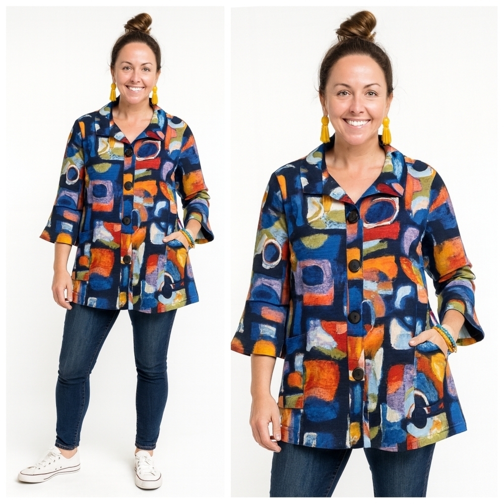 Ali Miles Colorful Artsy Button Blazer Jacket Women's Small Flare Sleeves Pocket - Picture 2 of 8